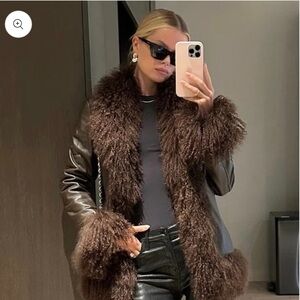 Susanna Chow NYC Dorothy Shearling Coat (Classic Length, Black with Brown Trim)